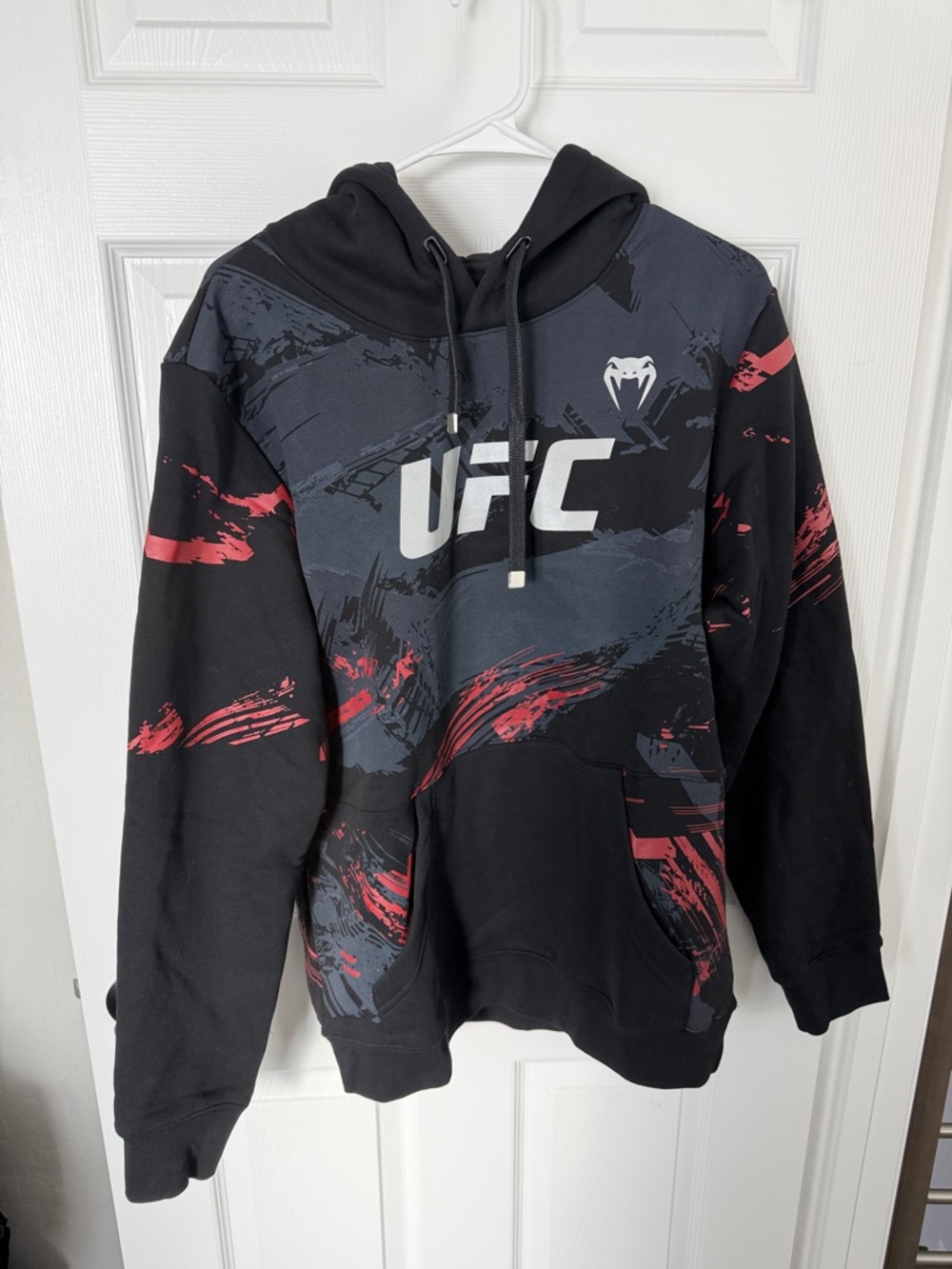 UFC Black Hoodie with Gray Panels & Red Accents
